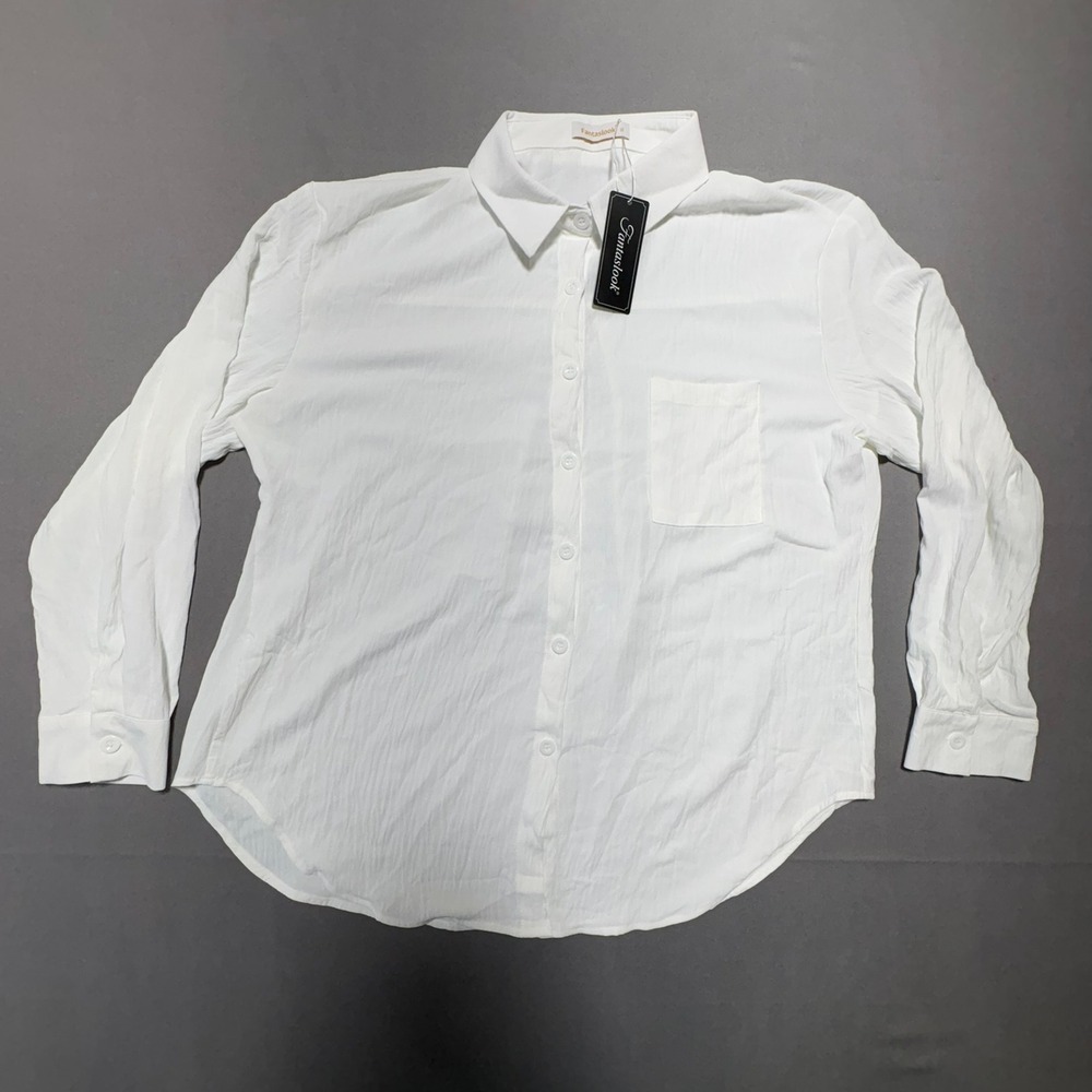 Fantaslook Womens White Button Down Shirt Long Sleeve Textured Blouse XL NEW